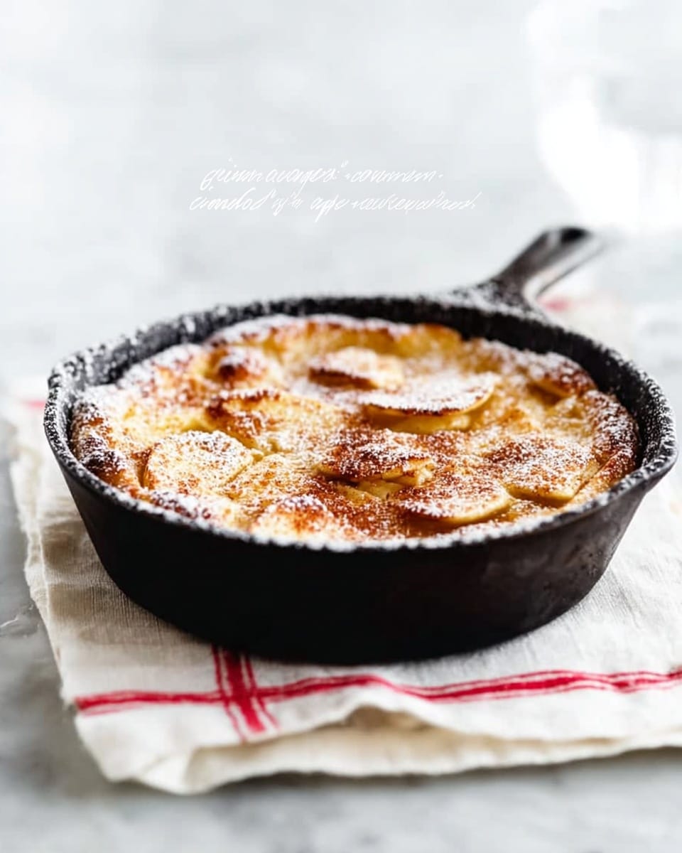 A warm, golden-brown apple dessert sits inside a well-used black cast iron skillet. The top layer shows visible slices of cooked apples scattered evenly, lightly dusted with powdered sugar and a sprinkle of cinnamon, giving a textured, slightly crispy look. The skillet rests on a white cloth with thin red stripes, placed on a white marbled surface. The background is soft and bright, with a handwritten note above mentioning cinnamon, apples, eggs, and brown sugar. photo taken with an iphone --ar 4:5 --v 7