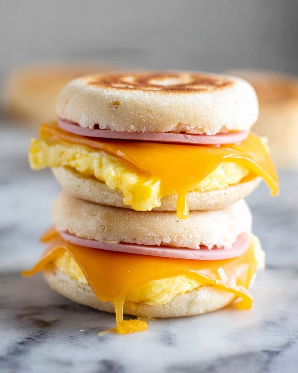 Two woman's hands hold a sandwich made of three layers. The bottom and top layers are light beige English muffin halves with a soft, slightly textured surface. Between the muffins, the first layer is a square slice of bright yellow, smooth, melted cheese. Above that is a round, cooked sausage patty with a browned, slightly rough surface. Above the sausage is another slice of melted orange-yellow cheese covering the patty. The background shows three more similar sandwiches blurred on a white marbled surface. photo taken with an iphone --ar 4:5 --v 7
