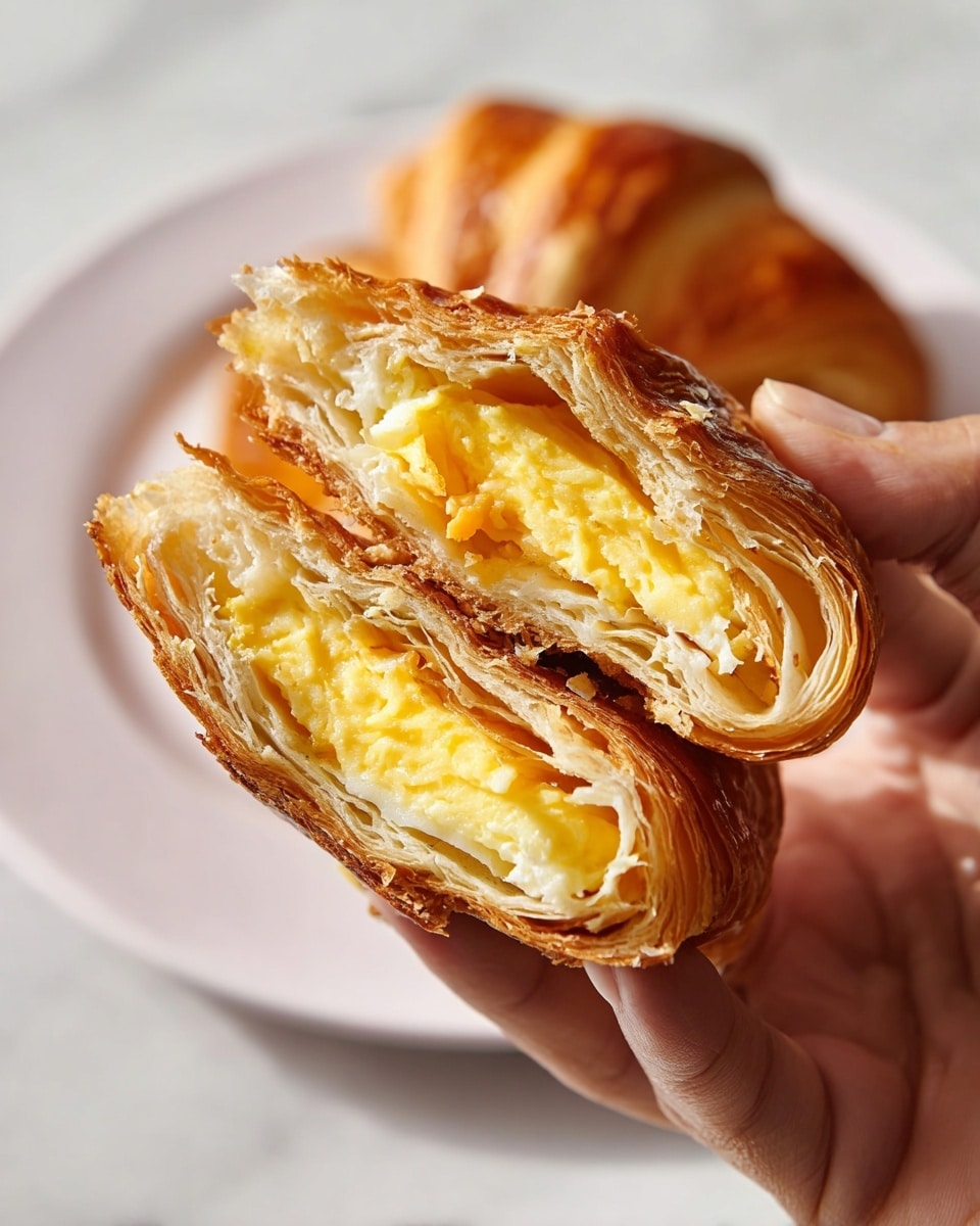 A close-up of a woman's hand holding a flaky croissant sandwich cut in half, showing three distinct layers: the outer golden-brown crispy croissant with visible airy, thin layers, a middle layer of melted orange-yellow cheese, and a soft, creamy pale yellow scrambled egg filling in the center. The background includes a white plate with another piece of the sandwich, all set on a white marbled surface. Photo taken with an iphone --ar 4:5 --v 7