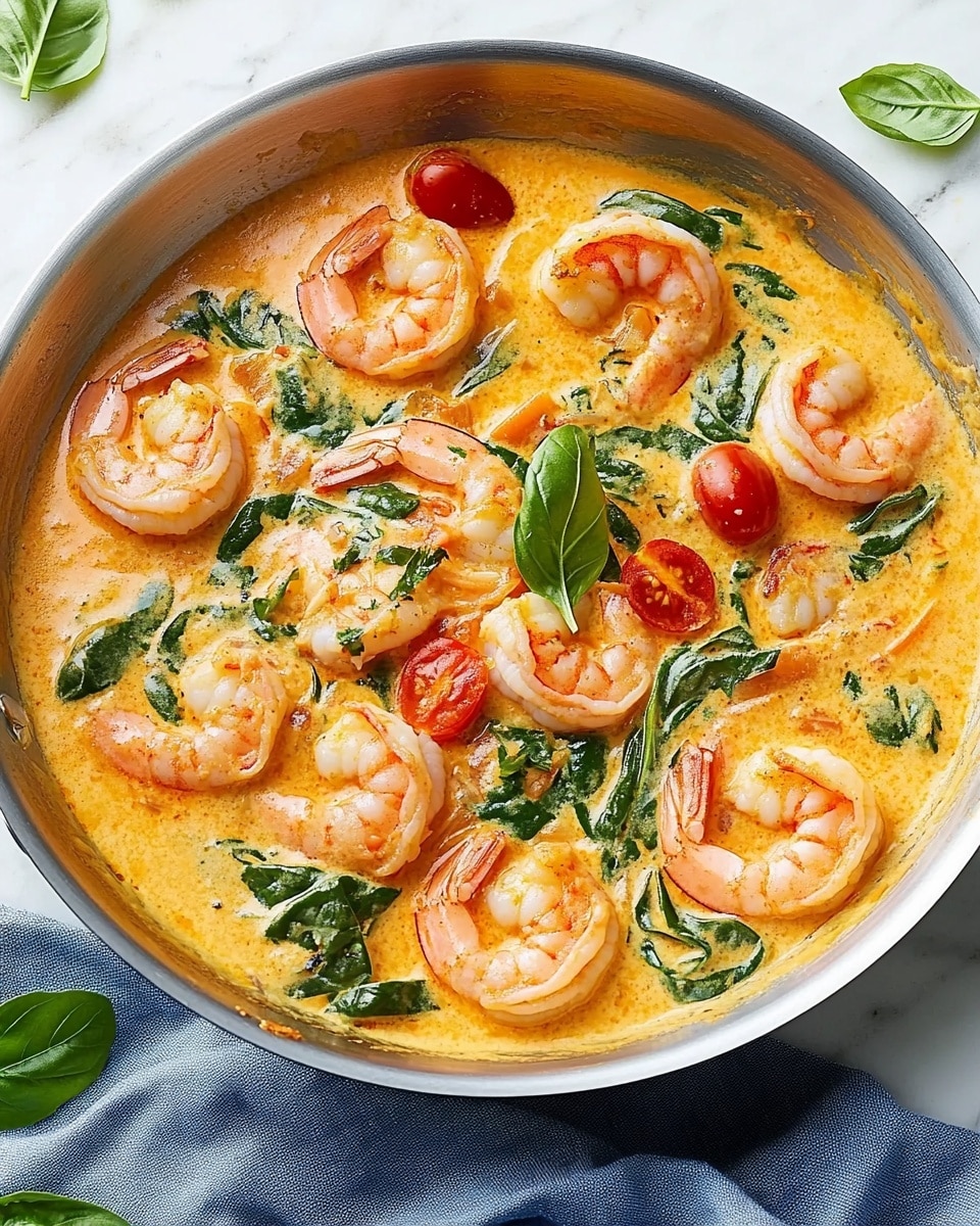 A shiny silver pan filled with a creamy orange-yellow sauce layered with cooked shrimp that are light pink with some light browning, bright green spinach leaves, and halved red cherry tomatoes around the edges; small green basil leaves are scattered on top, and the pan sits on a blue soft cloth over a white marbled surface. photo taken with an iphone --ar 4:5 --v 6.1