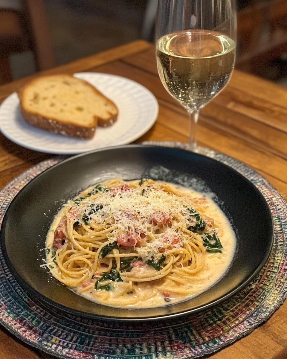 A plate with a black rim holds a serving of spaghetti topped with a creamy sauce mixed with pieces of tomato and green leafy vegetables, all sprinkled with white grated cheese. Behind it, a white plate sits with two browned slices of toasted bread. The table is wooden and has colorful, patterned round mats under the plates. A glass of white wine in a thin stemmed glass is placed next to the main dish. The background shows more of the wooden table and part of a wine glass. Photo taken with an iphone --ar 4:5 --v 6.1