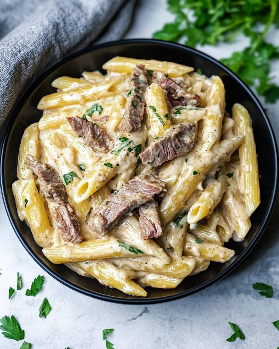 The dish is a close-up view of creamy pasta served in a white bowl. It has three main layers: the base layer of small, tube-shaped pasta in a pale yellow color; the middle layer made of medium-sized strips of brown meat mixed evenly with the pasta; and the top layer, which is a thick, light cream sauce coating the pasta and meat. Sprinkled on top are small pieces of bright green herbs adding color contrast. The bowl sits on a white marbled surface with a few pasta pieces and herbs scattered around. The photo looks bright and fresh, showing details like tiny black specks of seasoning on the sauce. photo taken with an iphone --ar 4:5 --v 6.1