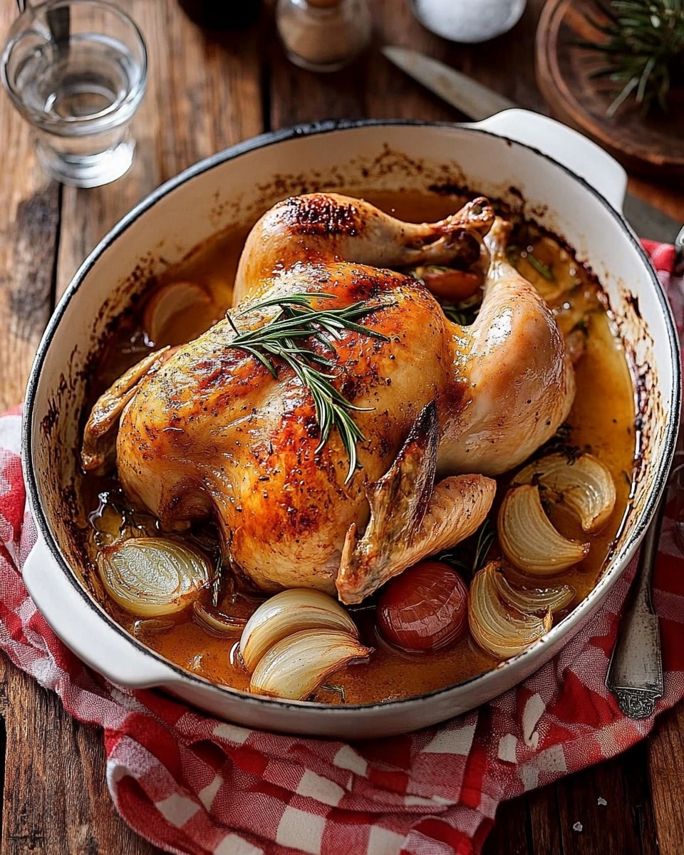 A roasted whole chicken with golden-brown crispy skin sits in a round white baking dish filled with broth. Around the chicken, there are soft roasted onion halves with browned edges and sprigs of fresh green rosemary resting on top and around the bird. The baking dish has two side handles and rests on a wooden table with a red and white checkered cloth partially underneath. Nearby, there are two clear glasses of water and a small bottle with a white cap, as well as a fork and knife with wooden handles and a small bowl of coarse salt. The surface is a white marbled texture photo taken with an iphone --ar 4:5 --v 6.1