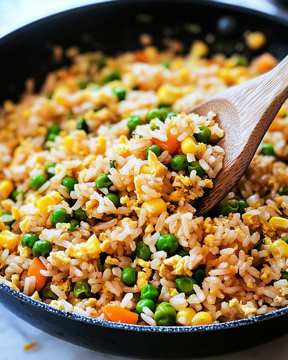 A close-up view of a black pan filled with fried rice that has three main layers: the base layer is made of light brown cooked rice, the middle layers consist of small orange carrot cubes, yellow corn kernels, green peas, and chopped green onions, and scattered pieces of fluffy scrambled egg are mixed throughout. A wooden spoon is scooping up a portion of the fried rice, lifting it slightly above the pan’s surface. The textures show soft rice grains mixed with small, firm vegetables and tender egg bits. The background is a white marbled surface. Photo taken with an iphone --ar 4:5 --v 6.1