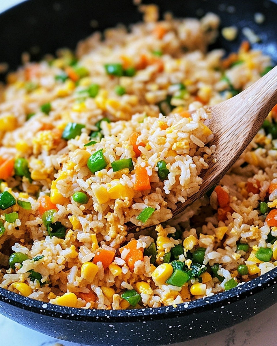 A close-up view of a black speckled frying pan filled with fried rice showing visible layers of cooked white rice mixed with small orange carrot cubes, yellow corn kernels, and bright green chopped scallions evenly spread across. There are small bits of scrambled eggs mixed throughout, adding a pale yellow color and soft texture. A wooden spoon lifts a portion of the rice mixture, highlighting the mixture's fluffy texture and the colorful vegetable pieces. The pan sits on a white marbled surface. Photo taken with an iphone --ar 4:5 --v 6.1