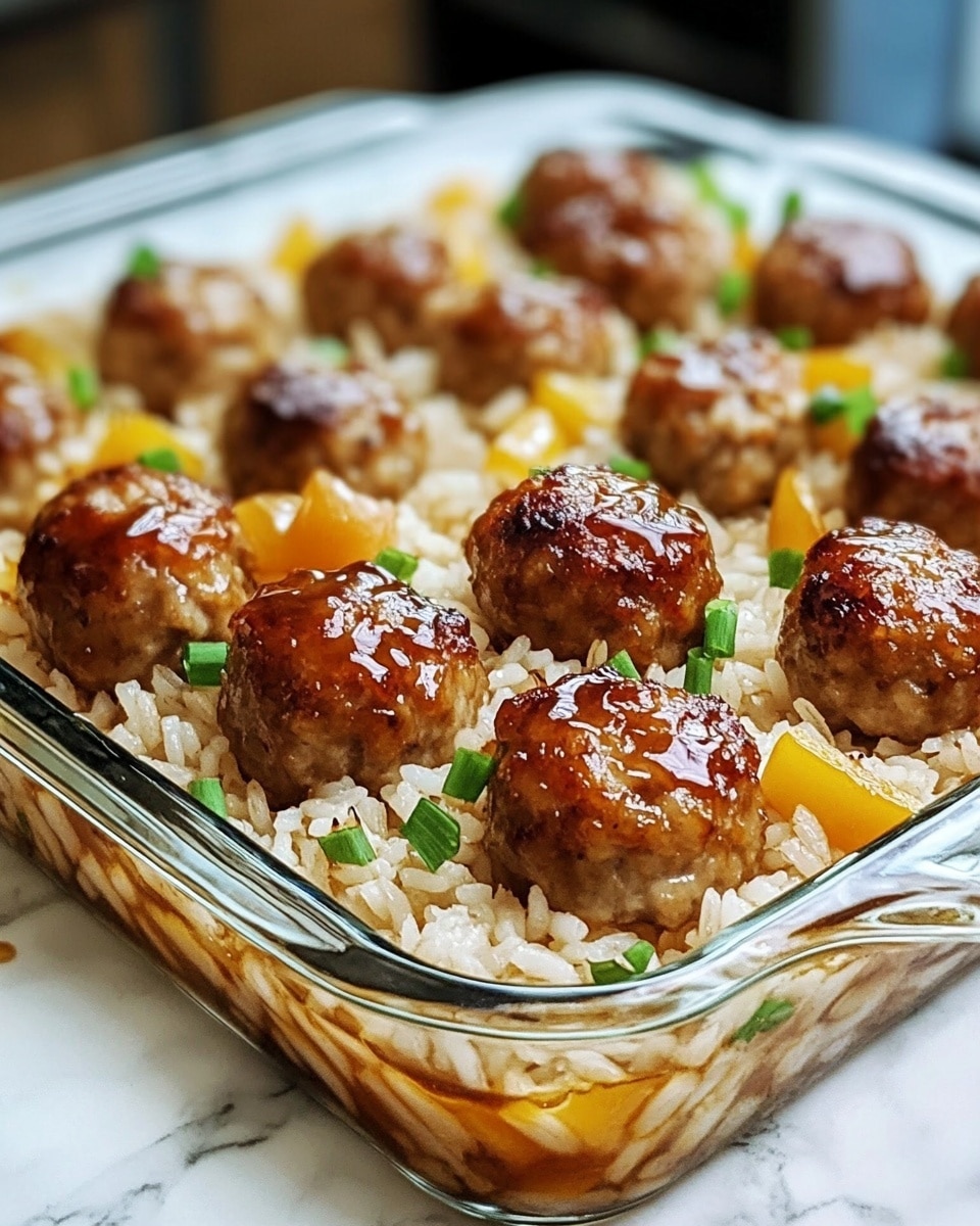 This image shows a close-up of a white baking dish filled with a one-layer meal of rice and small meatballs. The rice is light orange and cooked with small bits of carrots mixed throughout, giving it a soft texture. On top of the rice are round meatballs, evenly spaced and coated with a shiny brown sauce that gives them a slightly glossy look. Fresh green chopped herbs are sprinkled over the whole dish, adding a touch of color contrast. The dish is placed on a white marbled surface. photo taken with an iphone --ar 4:5 --v 6.1