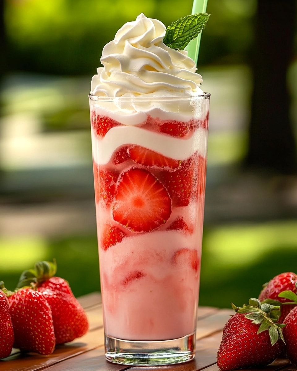 A tall clear glass filled with layers of light pink creamy liquid and bright red strawberry chunks, with the strawberries mainly at the bottom and swirling up through the drink; topped with a fluffy white swirl of whipped cream and a small green mint leaf on the side near a pale green straw. The glass is on a wooden table with fresh strawberries around it and a blurred green outdoor background behind. Photo taken with an iphone --ar 4:5 --v 6.1