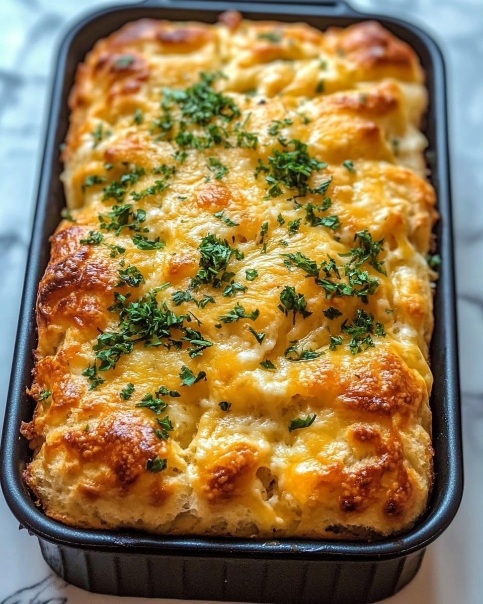 A rectangular baked loaf in a black baking pan sits on a white marbled surface. The loaf has a golden-brown crust on top with melted yellow cheese scattered unevenly across the surface. Fresh green herbs are sprinkled generously on the top, adding a fresh color contrast. The texture of the bread looks soft and fluffy with some parts slightly browned from baking. The photo is taken close-up, showing the details of the melted cheese and the soft bread beneath. photo taken with an iphone --ar 4:5 --v 6.1