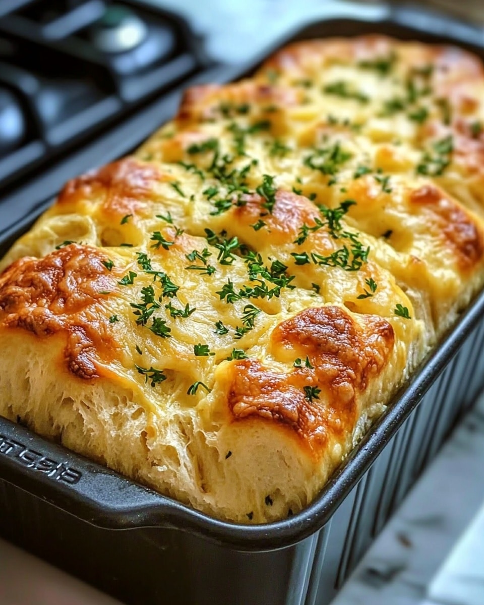 The image shows a golden baked bread loaf in a black rectangular pan, with a top layer of melted yellow cheese that has browned slightly in spots. Bright green chopped herbs are sprinkled evenly over the top, adding a fresh contrast to the warm colors. The bread dough has a soft and fluffy texture, with visible air holes and a slightly uneven surface that suggests it is homemade. The pan is placed on a white marbled surface, with a blurred kitchen stove in the background, giving the scene a cozy homemade feel. photo taken with an iphone --ar 4:5 --v 6.1