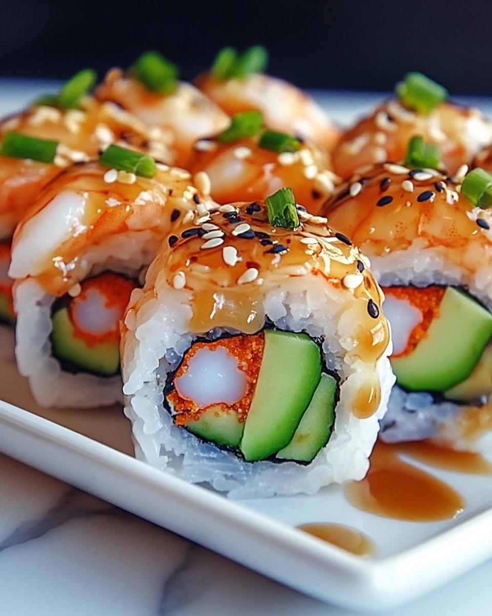 The image shows a close-up of sushi rolls on a white plate set against a white marbled surface. Each sushi roll has three distinct layers: a bottom layer of white, sticky rice with a slightly uneven texture holding the shape; a middle layer of thin, green avocado slices providing a smooth texture and bright color; and a top layer consisting of pink-orange cooked shrimp curled neatly, sprinkled with small black and white sesame seeds and chopped green onions for added texture and color contrast. Tiny droplets of a reddish sauce drizzle lightly over the shrimp, enhancing the visual appeal. The photo is detailed and bright, with a shallow depth of field that blurs the background. photo taken with an iphone --ar 4:5 --v 6.1
