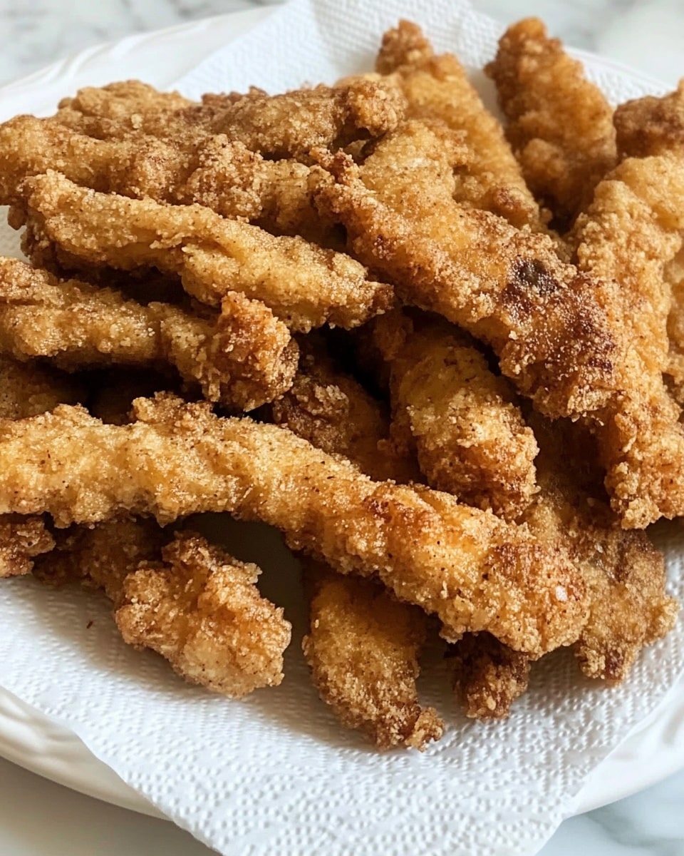 A white plate holds a pile of crispy fried strips, resting on a white paper towel that soaks up oil. Each strip is golden brown with a rough, crunchy texture from a seasoned breading that is uneven and crispy. The pieces vary slightly in size and shape, and they are stacked closely together, showing some darker fried spots that add depth to the overall look. The plate sits on a white marbled surface that contrasts with the warm tones of the fried strips. photo taken with an iphone --ar 4:5 --v 6.1