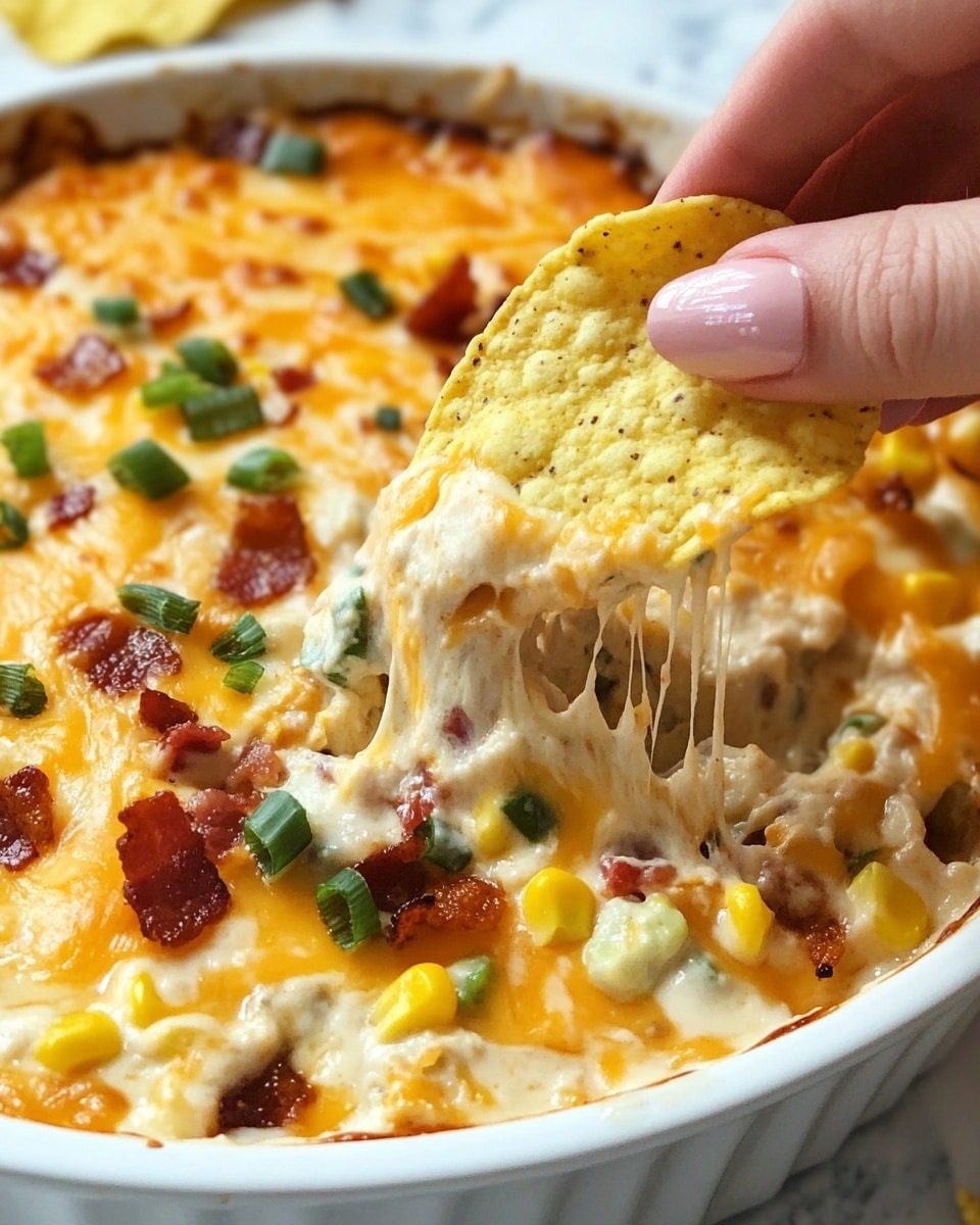 A white dish filled with layered dip showing hidden melted cheese on the bottom, topped with bright orange cheddar cheese melted all over, crispy dark brown bacon bits, and scattered fresh green chopped scallions. A woman's hand with light pink shiny nails holds a yellow tortilla chip scooping up a creamy layer full of melted cheese, sweet corn kernels, bacon pieces, and chopped green pickle bits, with a string of melted cheese stretching from the dish to the chip. The background is a white marbled texture. photo taken with an iphone --ar 4:5 --v 6.1