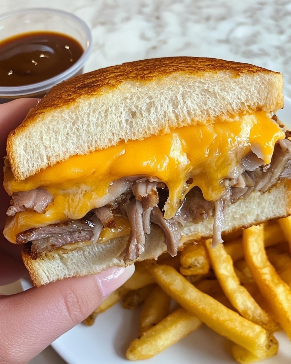 A close-up of a woman's hand holding a sandwich with three visible layers: the top and bottom layers are light golden brown toasted bread with a soft, slightly spongy texture; the middle layers include a mix of thinly sliced light gray-brown meat and melted yellow cheddar cheese, which looks shiny and gooey, along with strands of white melted cheese on the edges of the bread. The sandwich is lifted above a white plate with crinkle-cut golden fries and a small clear container of dark brown dipping sauce. The background is a white marbled texture. Photo taken with an iphone --ar 4:5 --v 6.1