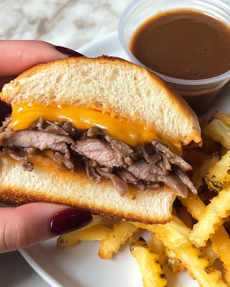 In the image, a woman's hand with dark red nails is holding a half-eaten sandwich, showing the inside with layers of thin, pale brown meat and melted bright orange cheese inside a soft, golden brown bun with a slightly crispy crust. The sandwich is held over a white plate that has crinkle-cut fries of golden yellow color arranged around a small clear cup of dark brown dipping sauce. The whole scene sits on a white marbled surface. photo taken with an iphone --ar 4:5 --v 6.1