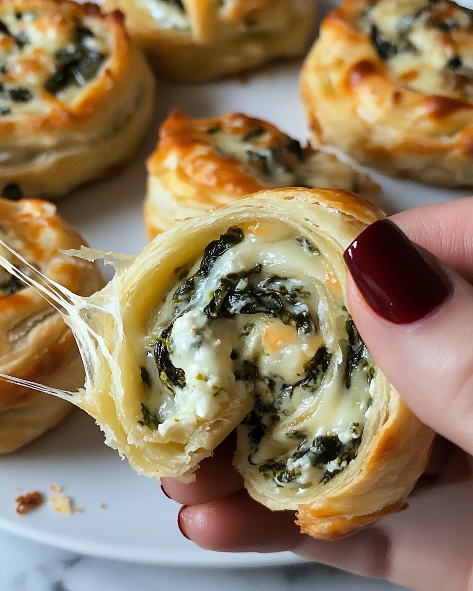 The image shows a close-up of a spinach and cheese pinwheel being pulled apart by a woman's hands with dark red nail polish. Each pinwheel has two layers: the outer layer is golden, flaky pastry, and the inner layer is a creamy mix of spinach and melted white cheese with some stringy cheese stretching as it is pulled apart. The pinwheels are placed on a white plate with more pinwheels stacked in the background. The surface under the plate is a white marbled texture. Photo taken with an iphone --ar 4:5 --v 6.1