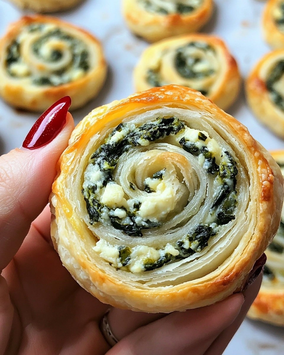 The image shows a close-up of a round, spiral-shaped pastry pinwheel held by a woman's hand with deep red nail polish. The pinwheel has multiple golden-brown, flaky layers of dough spiraled around a filling of creamy white and green spinach mixed with cheese. In the background, more pinwheels rest on a white marbled baking sheet lined with parchment paper, showing similar textures and colors with green and white fillings inside light golden crusts. The scene is brightly lit, highlighting the flaky texture and creamy filling details. Photo taken with an iphone --ar 4:5 --v 6.1