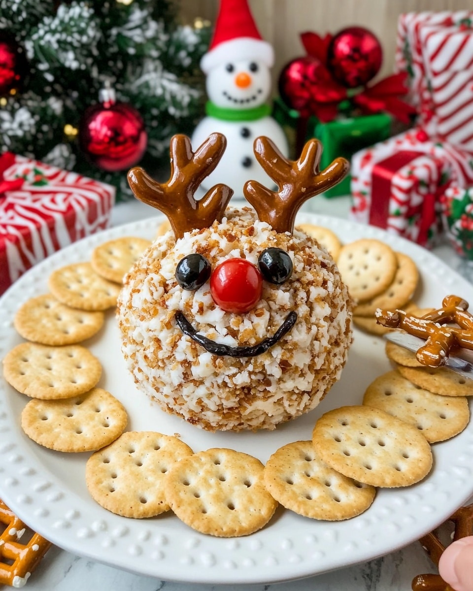On a white plate, a round cheese ball covered with chopped nuts forms the main layer, decorated with two black olives as eyes, a small red cherry tomato as a nose, and three pretzels on top to look like antlers; it sits in the center, surrounded by two types of crackers – round golden ones neatly lined up on the left and light brown pretzel shapes spread on the right. A small spreader knife with a wooden handle rests on the right edge of the plate. The background features festive holiday decor including a green ceramic Christmas tree on a blue gift box, a small snowman figure wearing a red and cream striped hat and scarf, large silver and red glittery ornaments, and sparkling red and silver poinsettias, all placed on a white marbled surface. photo taken with an iphone --ar 4:5 --v 6.1