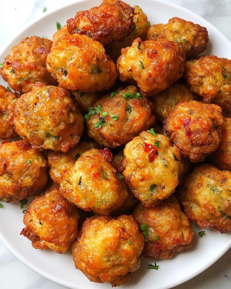 A white plate filled with a pile of small, round, golden-brown fried fritters, each with a rough and crispy texture. The fritters have small bits of red and green visible in them, likely from mixed vegetables or herbs, giving a speckled look. Light green herb sprinkles are scattered over the fritters, adding a touch of fresh color. The plate is set on a white marbled surface. photo taken with an iphone --ar 4:5 --v 6.1