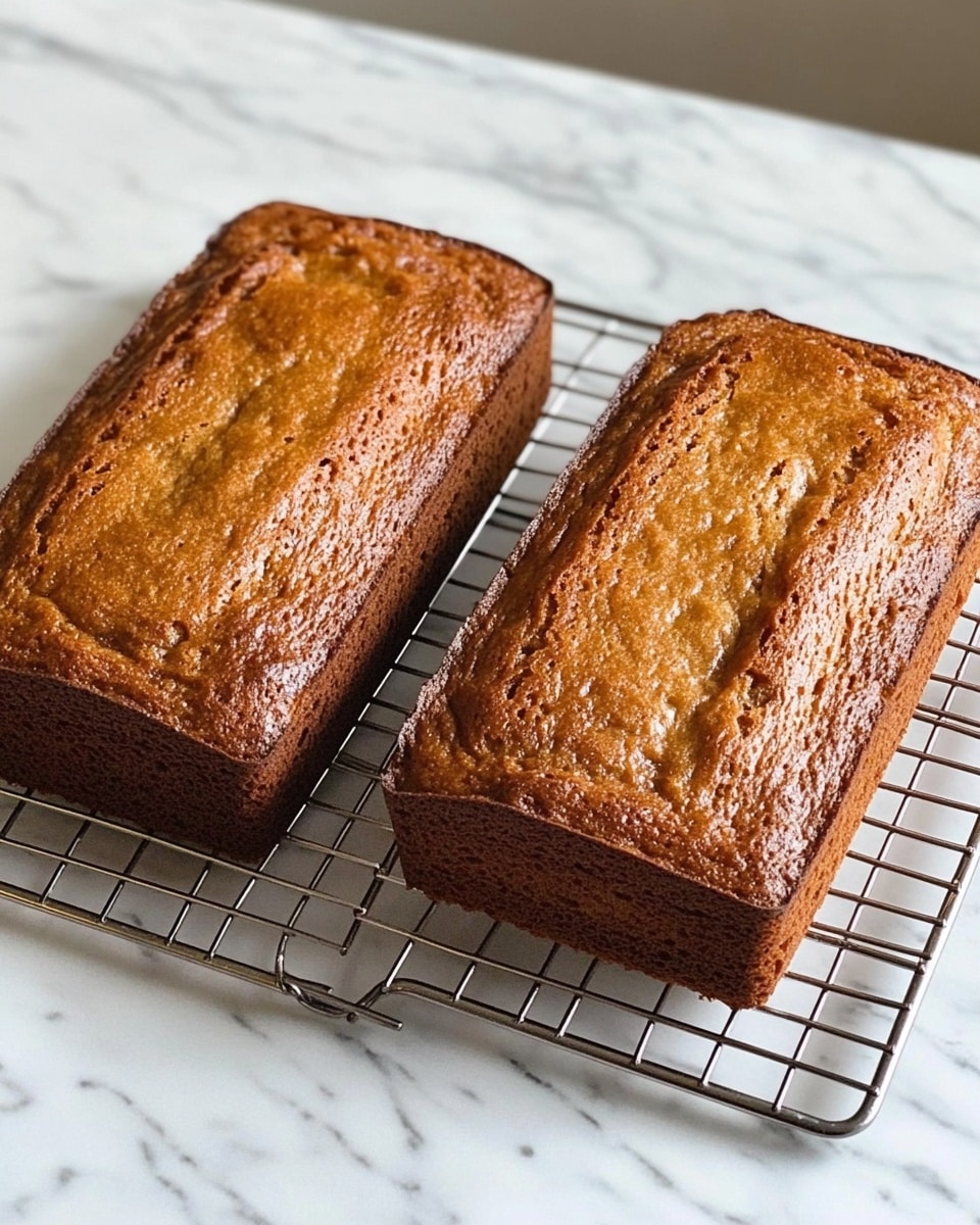 Two rectangular brown cakes with a slightly rough texture sit side by side on a silver wire cooling rack. Each cake has a slightly cracked top with a golden-brown crust that looks firm but soft inside. The cakes show tiny darker spots indicating fruit or nuts mixed inside. The cooling rack rests on a white marbled surface that contrasts with the warm tones of the cakes. The lighting is bright, highlighting the cakes' surface details and texture, with soft shadows underneath. photo taken with an iphone --ar 4:5 --v 6.1