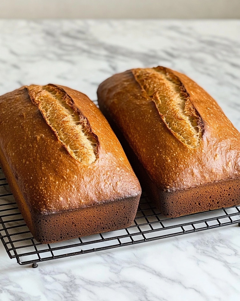Two whole brown rectangular loaves of bread with a slightly cracked top crust rest side by side on a black wire cooling rack placed on a white marbled surface. The bread has a smooth, golden-brown texture with a few small holes visible on the sides, showing a dense and moist interior. The lighting is soft and natural, emphasizing the warm tones of the bread crust. photo taken with an iphone --ar 4:5 --v 6.1