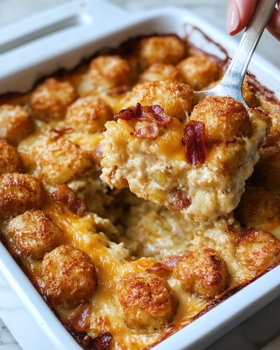 A square white baking dish filled with a golden-brown casserole made of round, evenly spaced tater tots on the top layer. Scattered crispy brown bacon pieces and melted orange-yellow cheese are visible between and on top of the tater tots, adding texture and color contrasts. A woman's hand holding a metal spatula lifts a square piece from the dish, showing the soft, creamy inside with a mix of cheese and bits of bacon. The dish sits on a white marbled surface. photo taken with an iphone --ar 4:5 --v 6.1