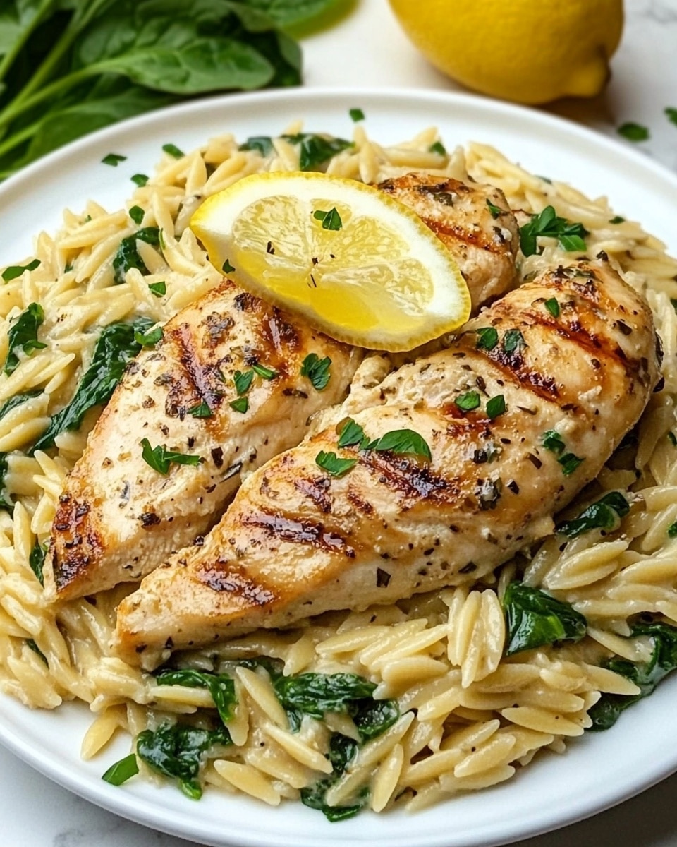 A white plate holds a bed of creamy orzo pasta mixed with spinach, creamy sauce giving a light tan color, small green spinach leaves scattered throughout. On top, there is a grilled chicken fillet cut into strips with a light brown seared surface. A lemon wedge sits at the top center of the chicken, sprinkled with fresh chopped parsley. More parsley is scattered in small bits over the orzo around the edges. The plate is placed on a white marbled surface, and there is a whole lemon near the plate. Photo taken with an iphone --ar 4:5 --v 6.1
