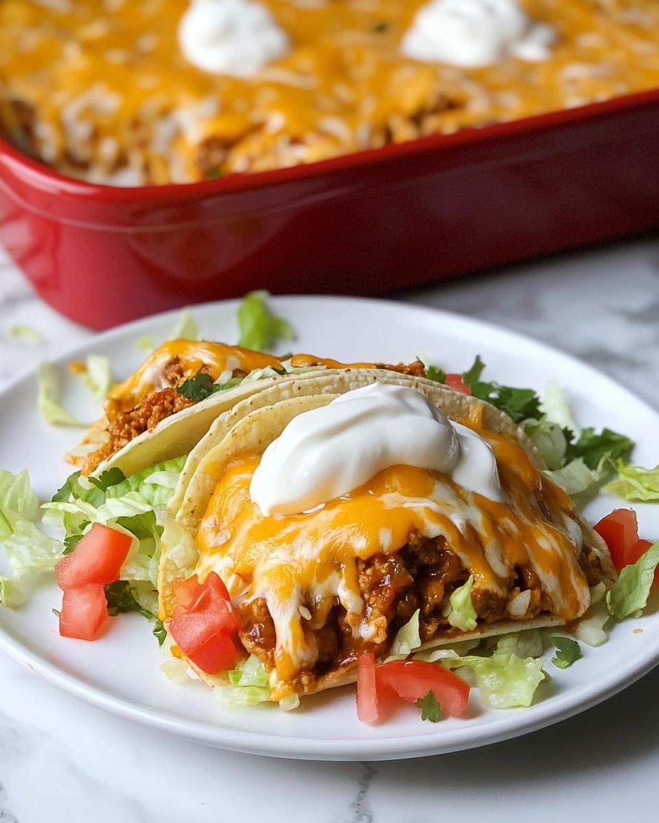 A white round plate holds two folded tortillas filled with a mixture of seasoned meat and beans, topped with melted orange and white cheese. On top of the tortillas is a layer of shredded green lettuce, scattered with bright red diced tomatoes. A zigzag drizzle of white sour cream runs over the top, adding a smooth contrast. The plate sits on a white marbled surface, with a red ceramic baking dish filled with more cheesy tortillas and green chopped herbs visible in the background. Photo taken with an iphone --ar 4:5 --v 6.1