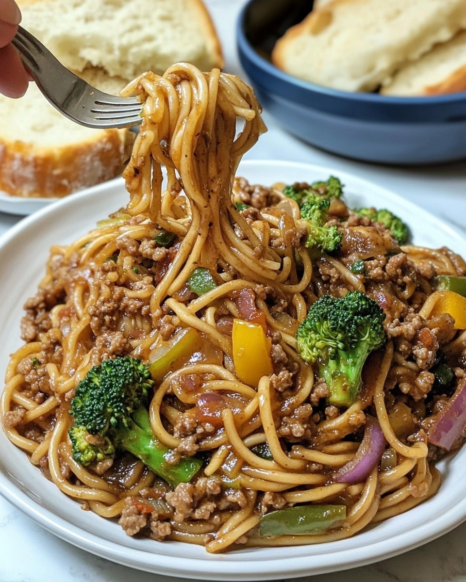 A white plate filled with a mix of cooked noodles tangled with ground meat pieces, green broccoli florets, and slices of yellow bell pepper and red onion, all coated in a glossy brown sauce. A woman's hand is holding a fork lifting some noodles and vegetables above the plate, showing the texture of the dish. In the background, there is a white plate with three slices of toasted garlic bread with visible herbs, and to the right, part of a blue bowl with some more of the noodle mix inside is visible. The whole scene is set on a white marbled surface. photo taken with an iphone --ar 4:5 --v 6.1