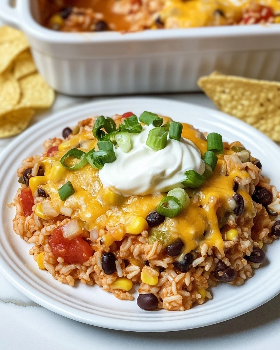 A white plate on a white marbled surface holds a layered dish with rice mixed with black beans, corn, and diced tomatoes forming a textured base. On top, melted yellow and white cheese covers the rice partially, creating a soft, creamy layer. A dollop of white sour cream sits in the center with reddish-brown sauce drizzled over it. Bright green sliced scallions are scattered across the dish, adding a fresh contrast. To the side of the main portion, several light beige tortilla chips are placed casually. In the background, a white ceramic baking dish with the same cheesy rice mix is partly visible. Photo taken with an iphone --ar 4:5 --v 6.1