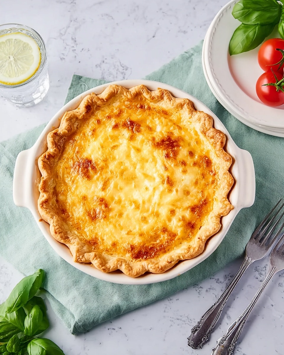 A golden brown pie sits in a white ceramic dish with two handles, its crust slightly thick and crimped around the edges. The top layer is evenly browned melted cheese with a smooth but textured surface showing hints of lighter and darker shades of yellow and orange. Underneath the cheese, a creamy, soft filling is visible through small patches, all contained in a light, flaky crust that forms the base and sides. The dish is placed on a pale green cloth, set on a white marbled surface, next to a glass of water with a lemon slice and a white plate adorned with fresh green basil and a red tomato. Two silver forks rest nearby photo taken with an iphone --ar 4:5 --v 7