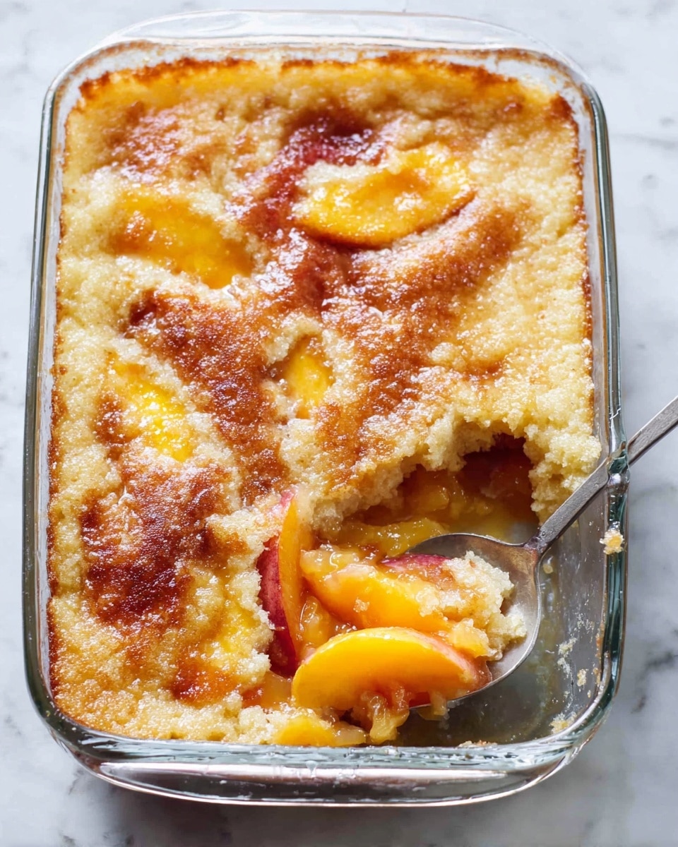 A rectangular clear glass baking dish holds a peach cobbler with a golden brown, slightly bubbly top layer that looks soft and spongy. Under the top layer, there are bright orange peach slices visible, giving a juicy texture and vibrant color contrast. A silver spoon on the lower right corner scoops out part of the cobbler, showing the peach filling underneath the browned top. The dish is on a white marbled surface. Photo taken with an iphone --ar 4:5 --v 7