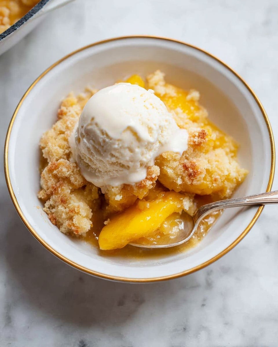 A white bowl with a gold rim holds a peach cobbler dessert. The bottom layer is soft, warm peach slices with a yellow-orange color. On top is a golden brown, crumbly cake layer with a rough texture. A scoop of creamy white vanilla ice cream sits on the cobbler, slightly melting. A spoon rests inside the bowl, and everything is placed on a white marbled surface. photo taken with an iphone --ar 4:5 --v 7