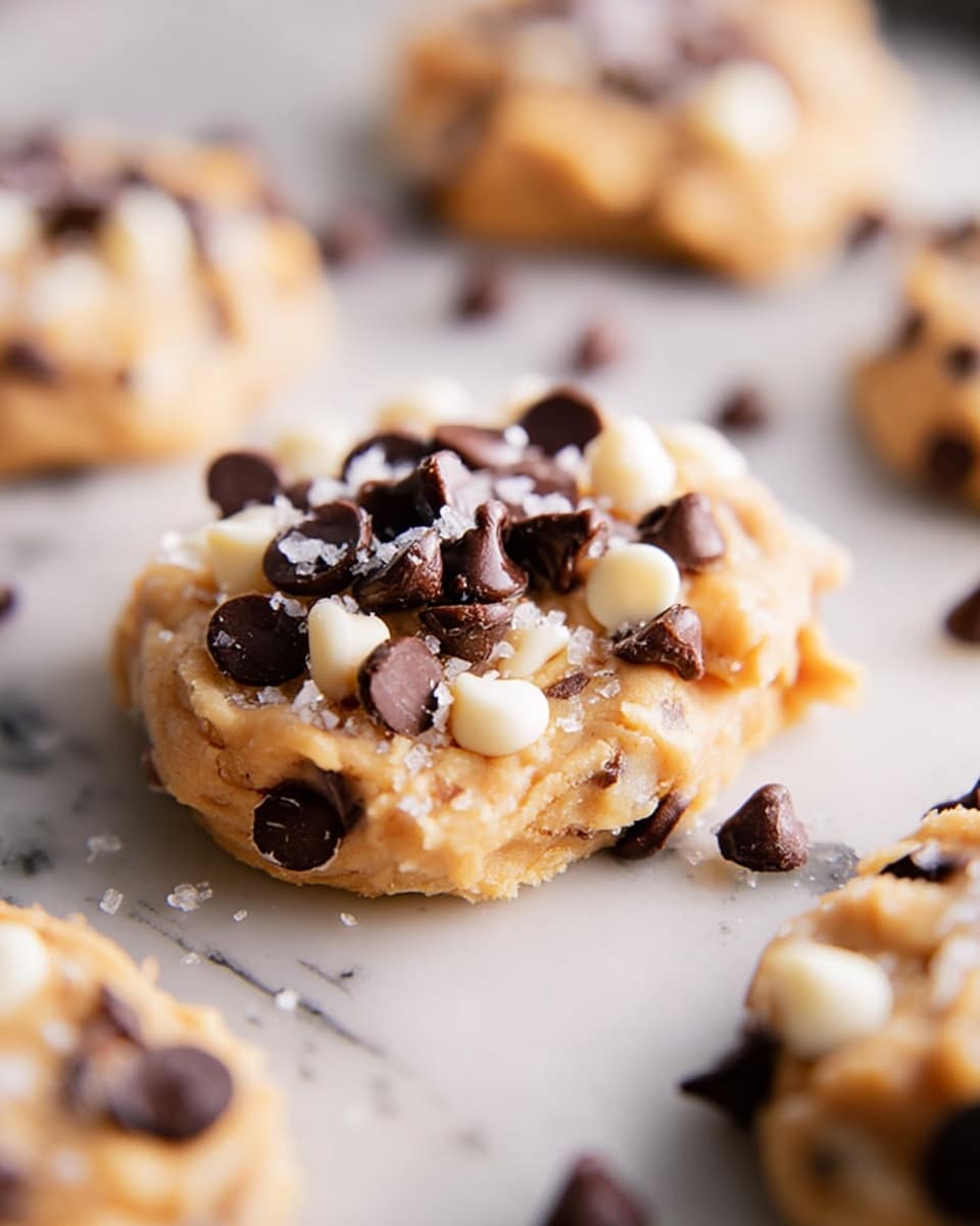 A close-up shot of a single creamy cookie with light brown dough mixed with dark chocolate chips and white chocolate chips seen scattered within and around it. The cookie is topped with a small handful of dark chocolate chips and sprinkled with coarse sea salt flakes, adding texture and a glossy shine. In the background, there are several more cookies slightly out of focus resting on a white marbled surface, giving a soft and clean look. The lighting is warm, highlighting the smooth texture of the dough and rich color of the chocolate chips. photo taken with an iphone --ar 4:5 --v 7