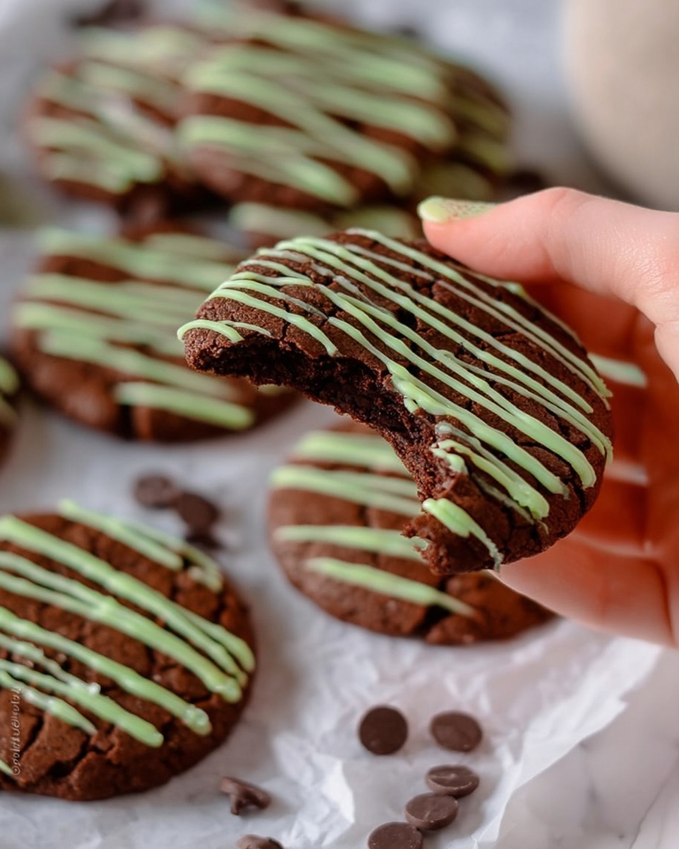 A close-up of a woman's hand holding a round dark brown chocolate cookie with a bite taken out of it, decorated with light green thin zigzag lines on top. More cookies like this lie flat on white marble surface below, each having the same light green zigzag drizzle. Scattered dark chocolate chips decorate the surface around the cookies, and a piece of white parchment paper is partially visible. The image shows the soft texture of the cookies with cracked surfaces. photo taken with an iphone --ar 4:5 --v 7