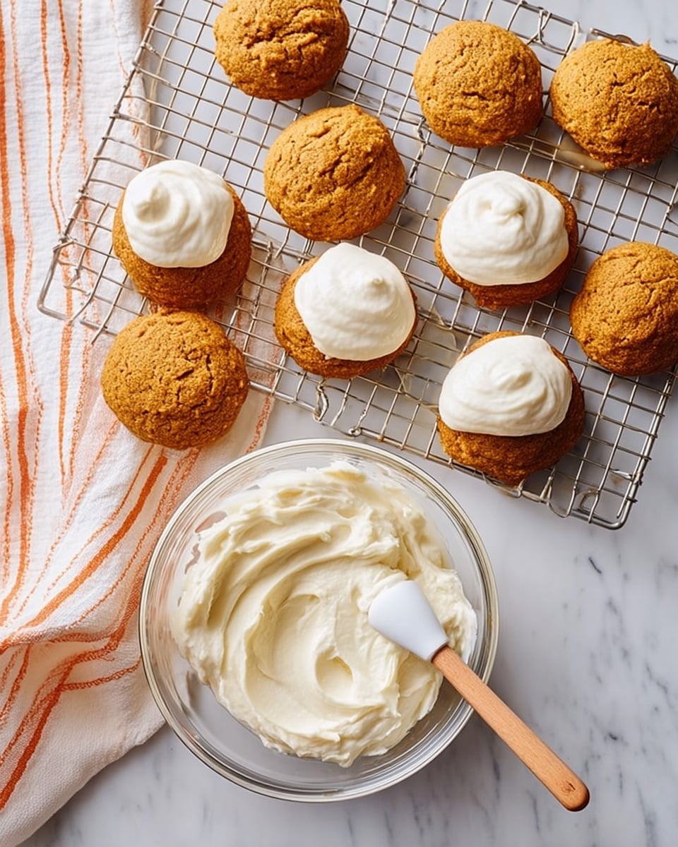 On a white marbled surface, there is a silver cooling rack holding round, golden-brown cookies with a slightly rough texture. Some of the cookies are topped with a smooth, creamy white frosting swirled in soft peaks. Below the rack, there is a clear glass bowl filled with more of the creamy white frosting. A wooden spoon with a white spatula tip rests inside the bowl. To the left side of the image, a white cloth with orange stripes is casually placed next to the bowl. photo taken with an iphone --ar 4:5 --v 7