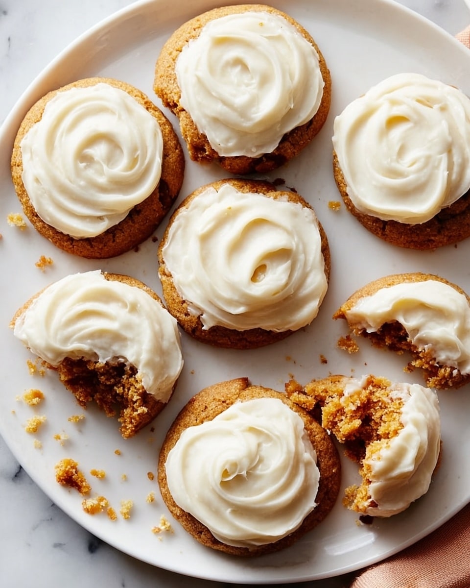 The image shows a white plate with seven round cookies topped with white frosting. Each cookie has a rough, textured golden-brown base, with a smooth, creamy white frosting spread in a spiral pattern on top. Two cookies are broken into pieces showing the soft inside, with crumbs scattered on the plate. The plate is placed on a white marbled surface, and there is a glimpse of a woman's hand holding a cookie on the edge of the frame. photo taken with an iphone --ar 4:5 --v 7