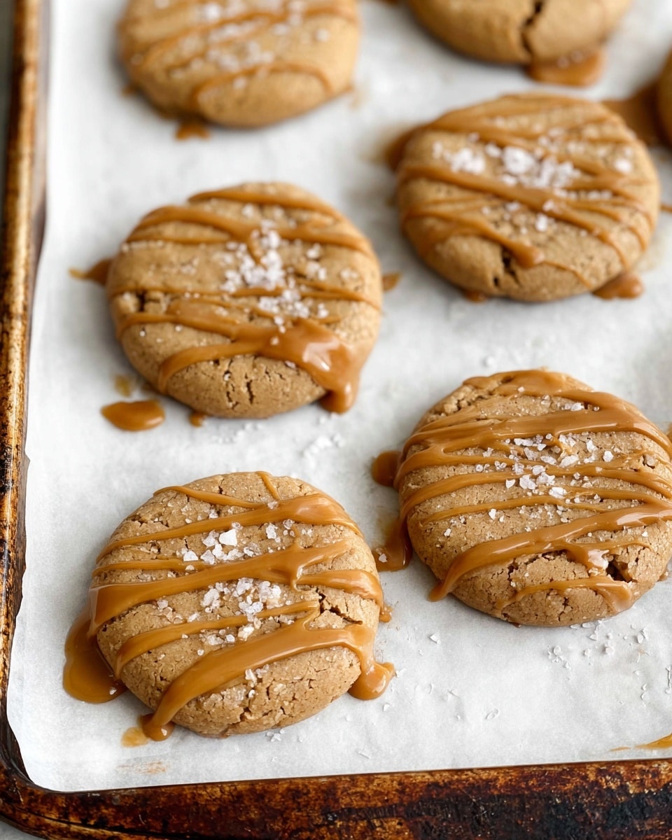 The image shows five round light brown cookies placed on white parchment paper on a dark baking tray with a wooden edge on the right side. Each cookie has a rough, cracked texture and is drizzled with smooth caramel-colored sauce in thin streaks and small dollops. Small white flaky salt pieces are scattered on top of the cookies, adding texture and contrast. The background is a white marbled surface. photo taken with an iphone --ar 4:5 --v 7