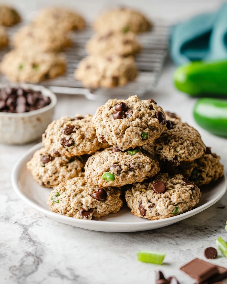 A white plate full of multiple round oatmeal cookies with visible chocolate chips and small green bits, stacked and overlapping each other at the plate center. The cookies have a rough, bumpy texture with a light brown color mixed with darker chocolate spots and scattered green pieces. In front of the plate, a few chocolate chips and a small piece of a green vegetable lie on the white marbled surface. Behind the plate, more cookies rest on a white wire rack, slightly blurred. A bowl with extra chocolate chips is visible on the left side of the frame. The photo is bright with a soft focus on the cookies at the front. Photo taken with an iphone --ar 4:5 --v 7