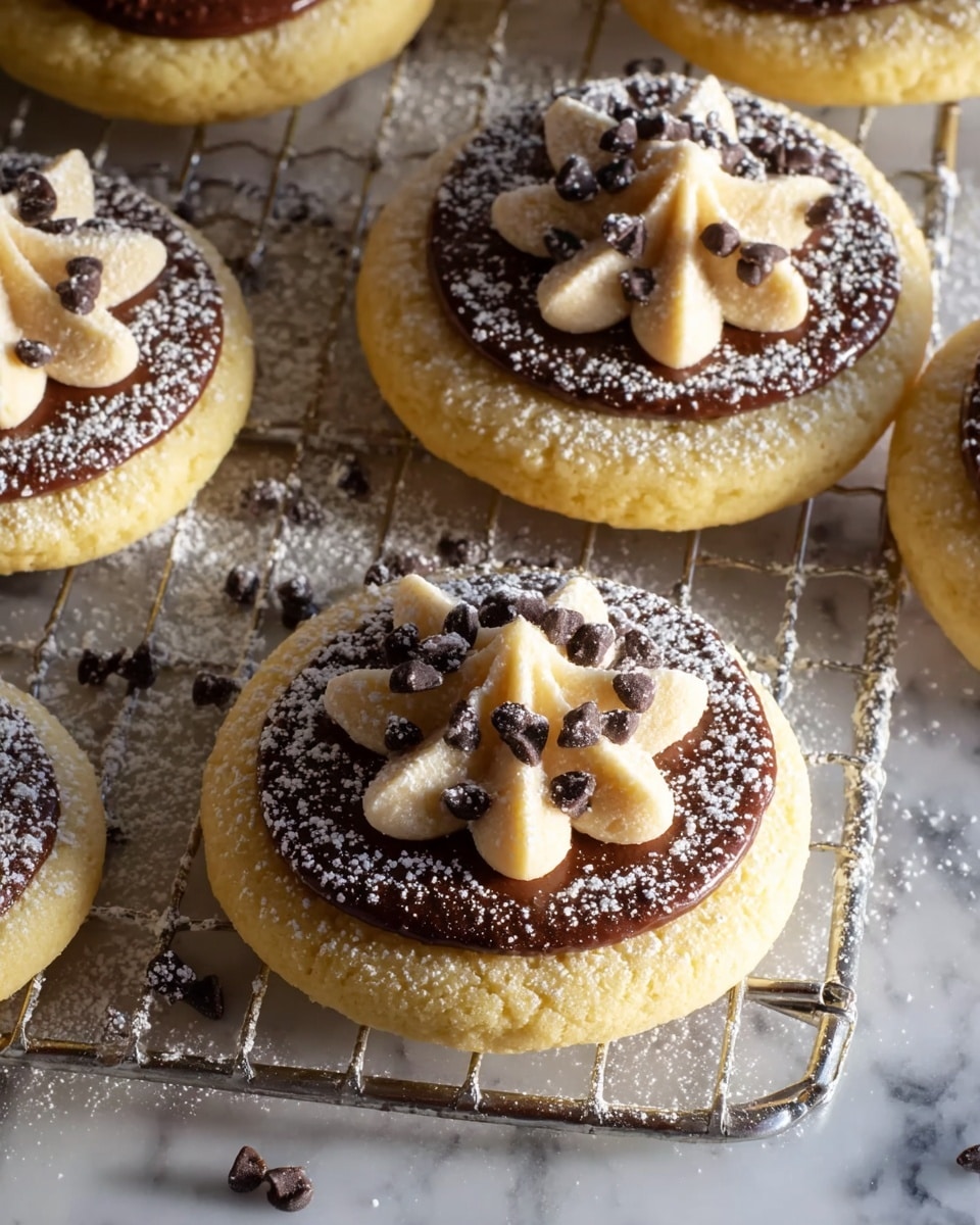 The image shows several round cookies resting on a wire cooling rack and a white marbled surface. Each cookie has three layers: a yellow base cookie with a smooth texture, a thick spread of dark brown chocolate on top, and a decorative swirl of light beige dough placed in the center, resembling a flower shape with multiple petals. Small dark chocolate chips are scattered over the beige dough and the chocolate layer, adding texture and contrast. Powdered sugar is lightly dusted over the entire scene, including the cookies and the surface, creating a snowy effect. Photo taken with an iphone --ar 4:5 --v 7