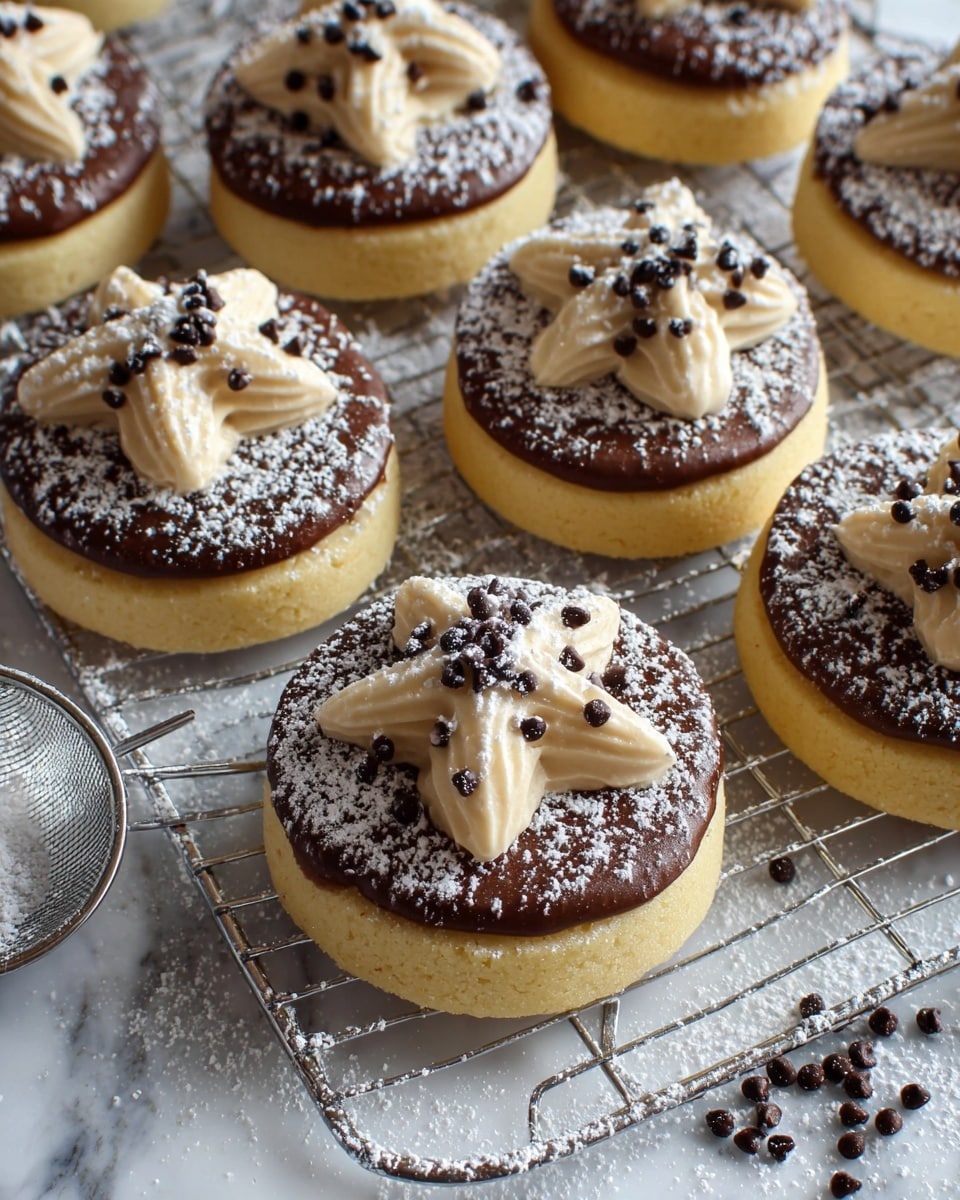 The image shows several round cookies on a white marbled surface and a metal cooling rack. Each cookie has three main layers: the bottom layer is a smooth, golden yellow cookie base; the middle layer is a thick, glossy dark brown chocolate spread, slightly wider than the cookie base; the top layer is a star-shaped dollop of light beige cream with a smooth texture, sprinkled with small dark chocolate chips. Powdered sugar is dusted over all the cookies and the surface, creating a snowy effect. A fine metal sieve with powdered sugar rests among the cookies, adding a sense of baking activity. Photo taken with an iphone --ar 4:5 --v 7