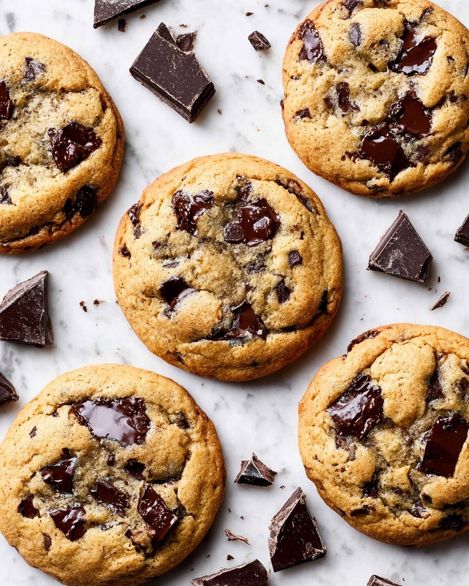 Five large chocolate chip cookies are spread out on a white marbled surface. Each cookie has a soft golden-brown color with darker chocolate chunks embedded on the top, some chunks slightly melted and shiny. The cookies have a slightly cracked texture showing their softness inside. Around the cookies, there are scattered pieces of broken chocolate adding a rough, dark contrast to the smooth, warm cookie surface. photo taken with an iphone --ar 4:5 --v 7