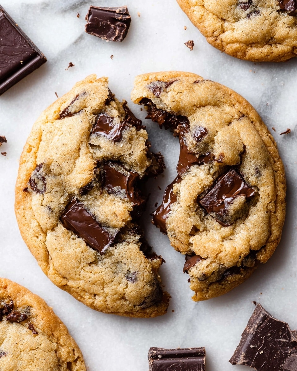 A close-up view of a round chocolate chip cookie broken in half, showing its soft and slightly crumbly golden-brown dough with multiple large, dark chocolate chunks embedded throughout. The cookie's surface is slightly cracked, revealing gooey melted chocolate inside the break. The cookie pieces rest on a white marbled surface, surrounded by a few small shards and chunks of dark chocolate scattered around. photo taken with an iphone --ar 4:5 --v 7