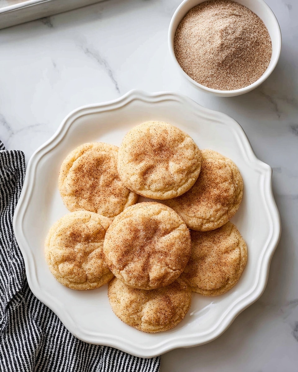 A white scalloped plate holds seven round cookies arranged in a flower shape with one cookie in the center and six around it. The cookies have a light golden-brown color with a textured surface sprinkled evenly with cinnamon sugar, giving them a slightly grainy look. Above the plate, there's a small white bowl filled with a mix of cinnamon and sugar that looks soft and powdery. The plate and bowl sit on a white marbled surface, and to the bottom left, there is a black and white striped cloth partially visible. Photo taken with an iphone --ar 4:5 --v 7