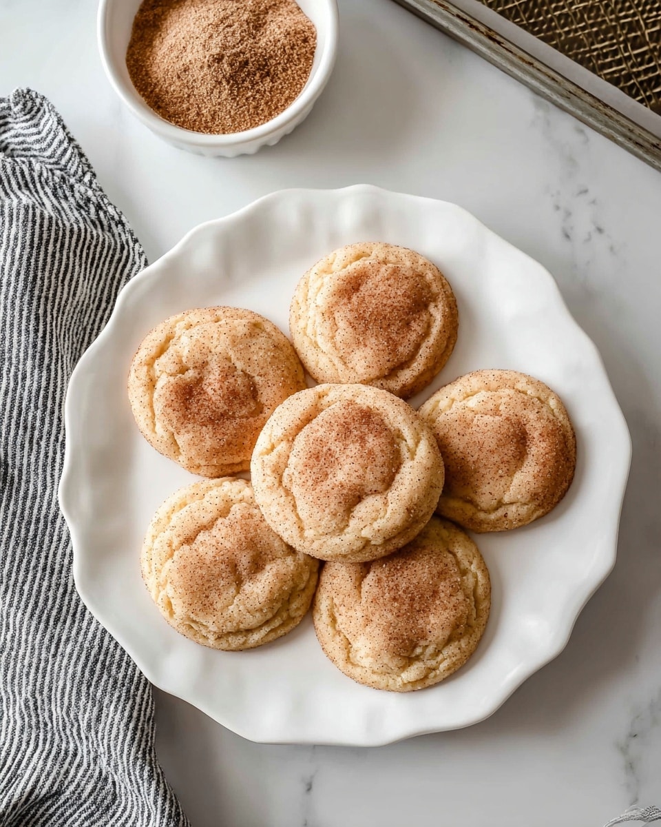 A white scalloped plate holds seven soft round cookies arranged in a flower shape, with one cookie in the center and six surrounding it. The cookies have a light golden-brown color and a slightly cracked surface, covered with a dusting of cinnamon sugar giving a grainy texture. To the upper left of the plate, there is a small white bowl filled with more cinnamon sugar. A black and white striped cloth is placed to the left side of the plate on a white marbled surface. The top right corner shows part of a textured baking tray. Photo taken with an iphone --ar 4:5 --v 7