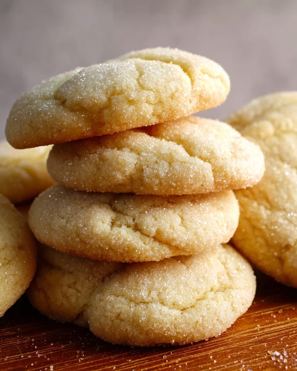 The image shows a close-up view of six soft sugar cookies stacked together on a wooden surface with a smooth white marbled background partially visible. Each cookie is round with a light golden-brown color and a surface covered in fine sugar crystals that give a slightly shiny texture. The cookies have gentle cracks on top, showing their soft and tender texture, and they overlap slightly with some edges tucked under others. The warm lighting highlights the subtle sugar grains and the soft dough texture. photo taken with an iphone --ar 4:5 --v 7