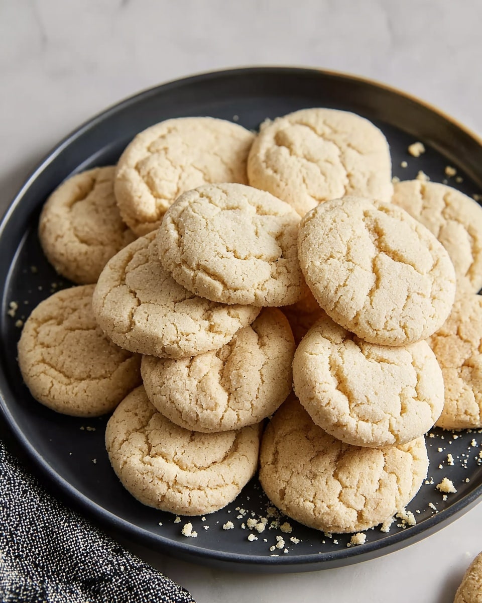 A dark round plate is filled with about twenty soft, light beige cookies, each with a slightly cracked and wrinkled surface showing a gentle texture. The cookies are placed in a loose pile, overlapping each other in the middle of the plate. Small cookie crumbs are scattered lightly around the edges of the plate. The plate is set on a white marbled surface with a small part of a black and white checkered cloth visible on the left side. Photo taken with an iphone --ar 4:5 --v 7