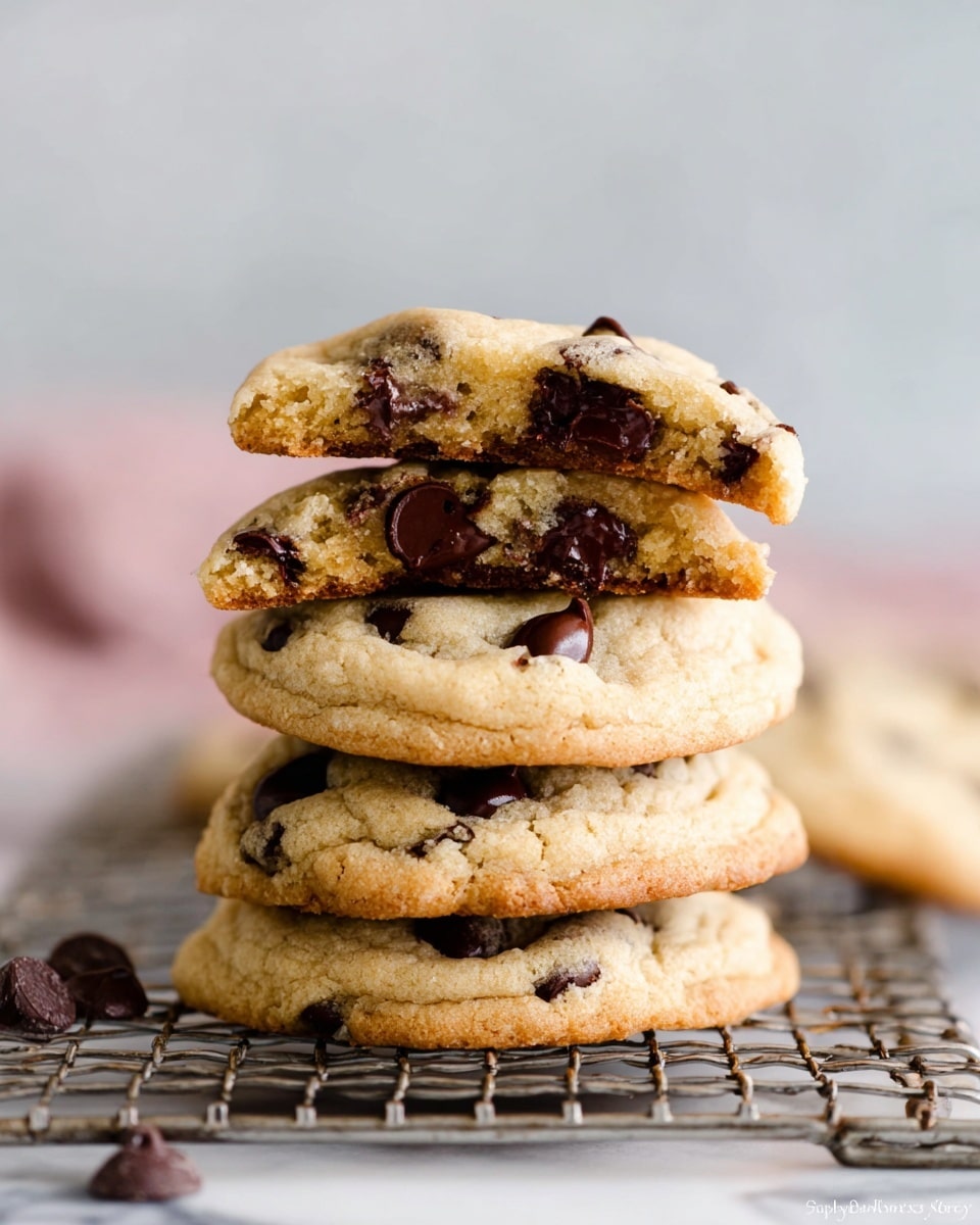 The image shows a stack of four chocolate chip cookies placed on a metal cooling rack with a white marbled surface underneath. The cookies have a thick, soft texture with a golden-brown color and are filled with dark chocolate chips scattered throughout each cookie. The top cookie is broken in half, revealing a soft inside with melted chocolate chips. A few chocolate chips are also scattered on the white marbled surface near the cookies. The background is blurred with soft colors, keeping the focus on the cookie stack. photo taken with an iphone --ar 4:5 --v 7