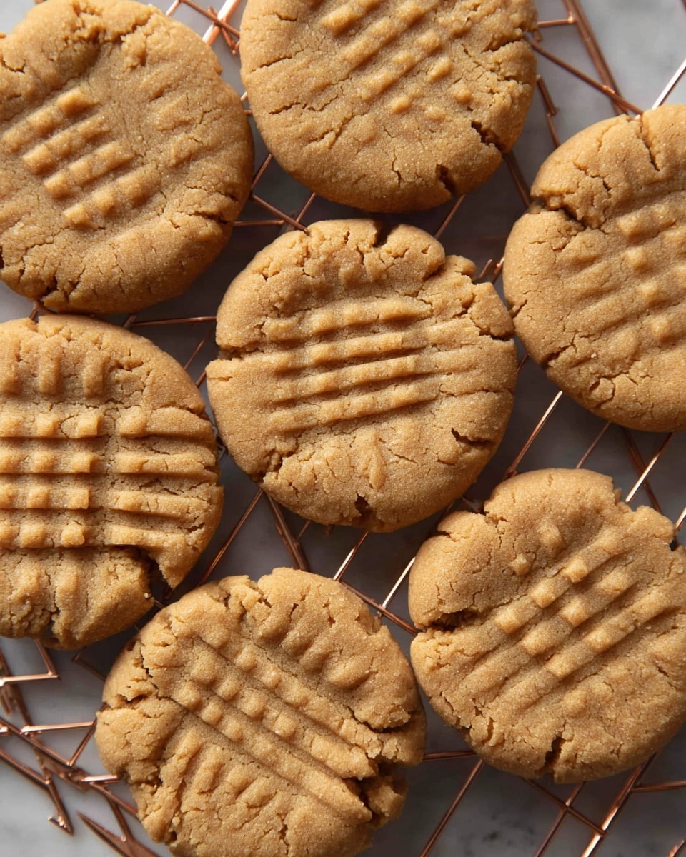 A close-up of seven round peanut butter cookies with a soft, slightly crumbly texture, each cookie showing a light golden brown color with characteristic crisscross fork marks pressed into the top, arranged on a copper cooling rack. The cookies have small cracks and a uniform thickness with a matte finish, all placed over a white marbled surface. photo taken with an iphone --ar 4:5 --v 7