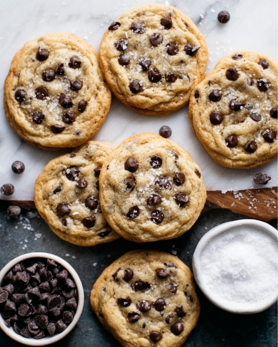 The image shows seven round chocolate chip cookies with a golden brown color and a soft, slightly textured surface. Each cookie has many dark chocolate chips scattered on top, slightly melted, creating small shiny spots. They are arranged on a white marbled surface with some overlapping. On the right side, there is a white bowl filled with white granulated sugar, and on the left, a small white bowl with dark chocolate chips. The scene has a cozy and warm feeling, with the cookies looking fresh and inviting. Photo taken with an iphone --ar 4:5 --v 7