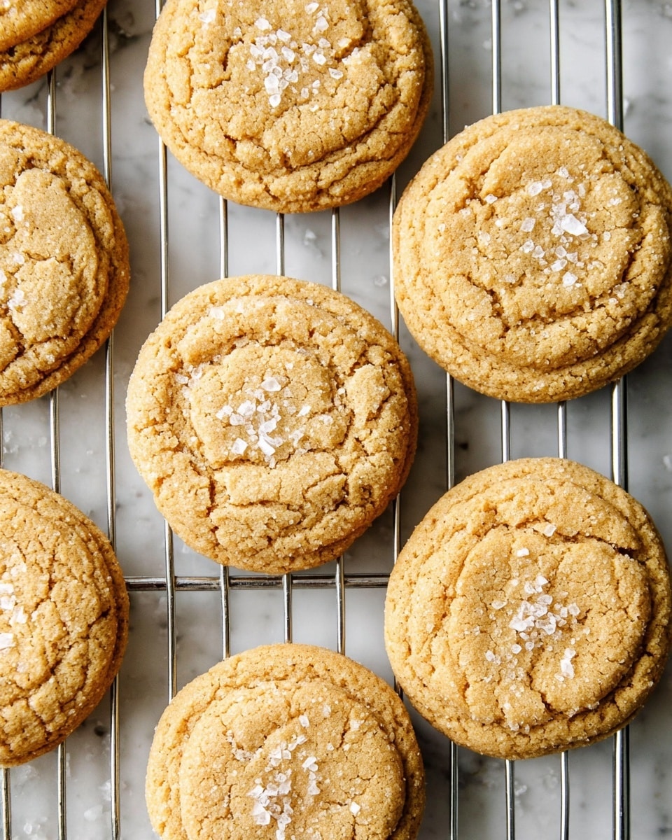 The image shows eight round cookies with a light golden-brown color and a slightly cracked texture on top, scattered evenly on a silver metal cooling rack. Each cookie has a sprinkling of white flaky sea salt on its surface, adding a bit of contrast. The cooling rack sits on a flat white marbled surface, visible through the spaces of the rack. The cookies look soft with a slightly crisp edge and are arranged so they avoid overlapping. Photo taken with an iphone --ar 4:5 --v 7